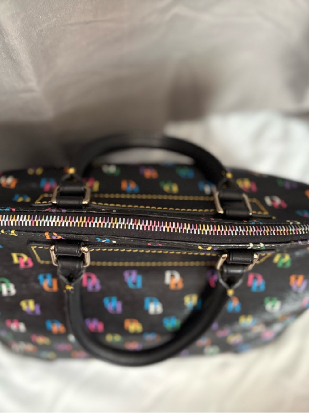 Dooney & Bourke Black Satchel with Multicolor DB Print - Picture 4 of 12